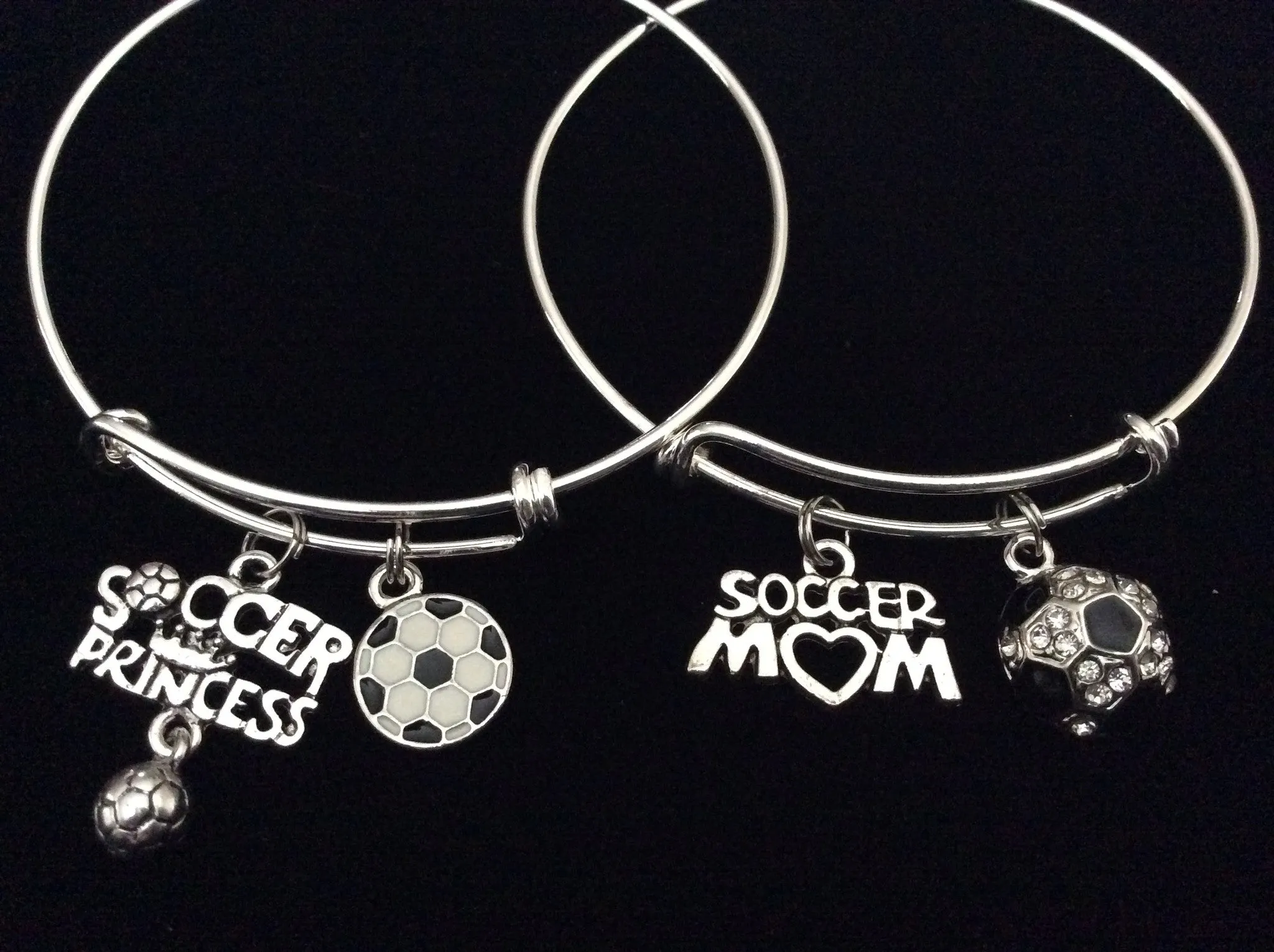 Soccer Mom Crystal Soccer Ball Expandable Silver Charm Bracelet Adjustable Sports Bangle