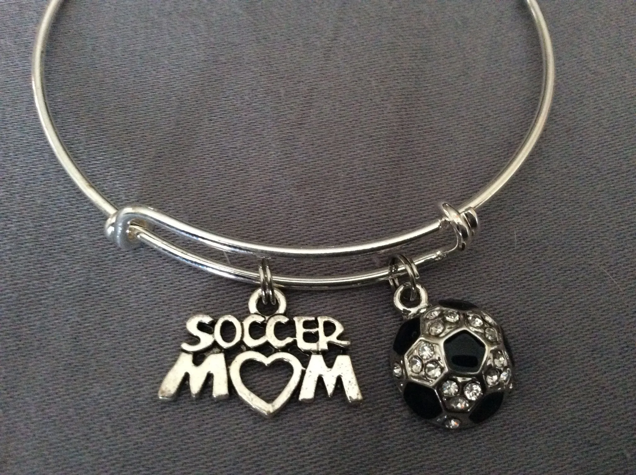 Soccer Mom Crystal Soccer Ball Expandable Silver Charm Bracelet Adjustable Sports Bangle