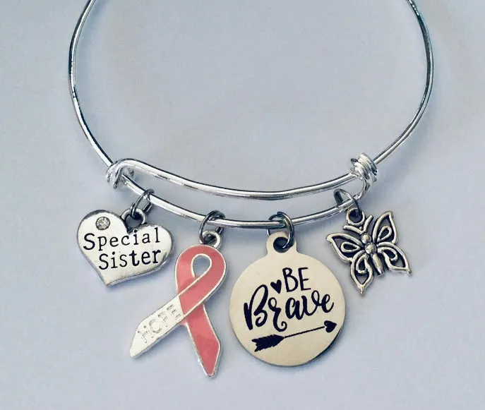 Special Sister Be Brave Pink Ribbon Hope Expandable Charm Bracelet Adjustable Silver Wire Bangle Breast Cancer Awareness Ribbon One Size Fits All Gift