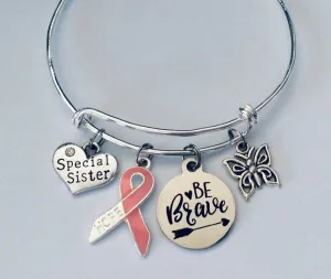 Special Sister Be Brave Pink Ribbon Hope Expandable Charm Bracelet Adjustable Silver Wire Bangle Breast Cancer Awareness Ribbon One Size Fits All Gift
