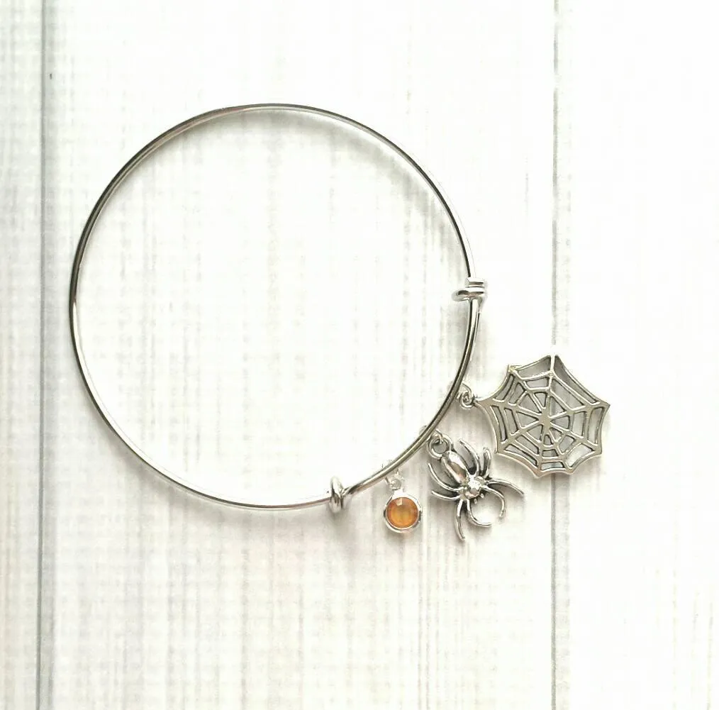 Spider Web Bracelet, spider bracelet, Halloween bracelet Halloween jewelry, spider jewelry, arachnid jewelry, silver spider bangle spiderweb