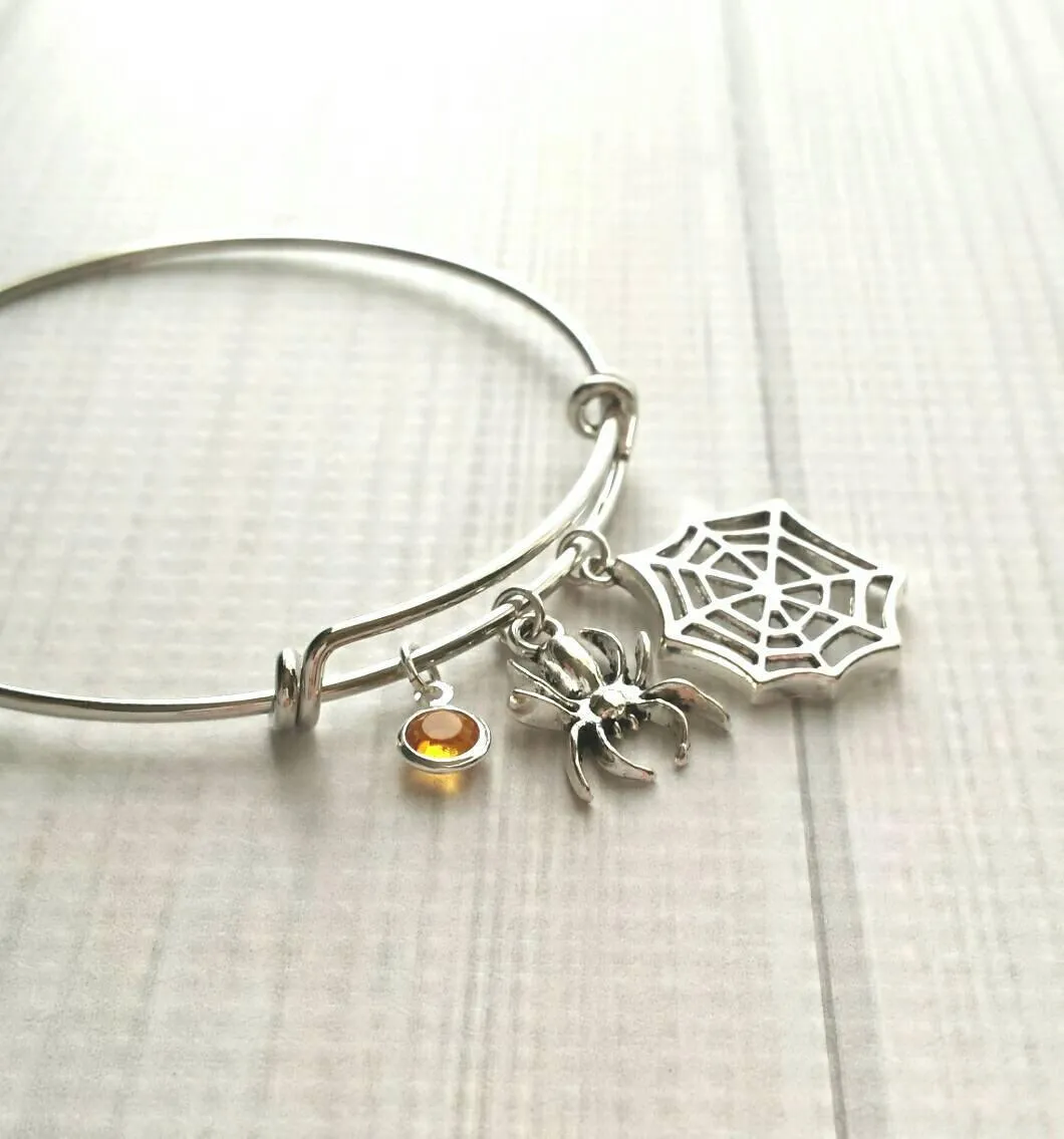 Spider Web Bracelet, spider bracelet, Halloween bracelet Halloween jewelry, spider jewelry, arachnid jewelry, silver spider bangle spiderweb