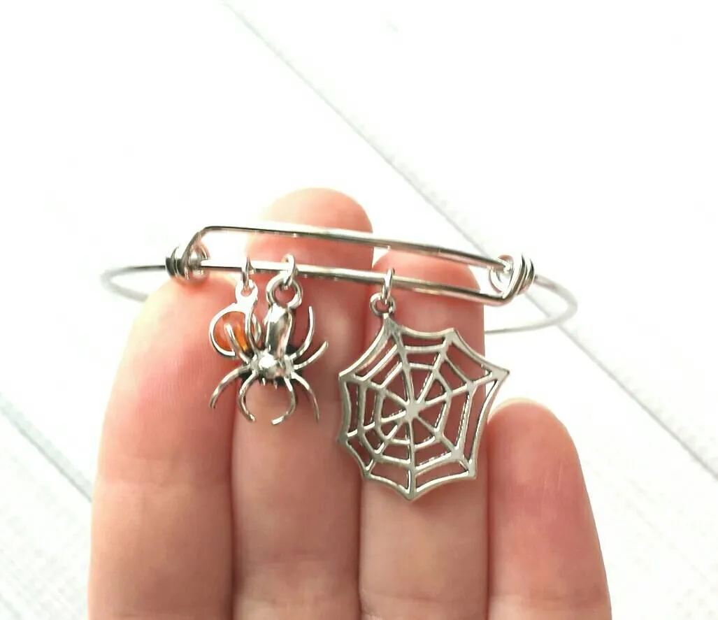 Spider Web Bracelet, spider bracelet, Halloween bracelet Halloween jewelry, spider jewelry, arachnid jewelry, silver spider bangle spiderweb