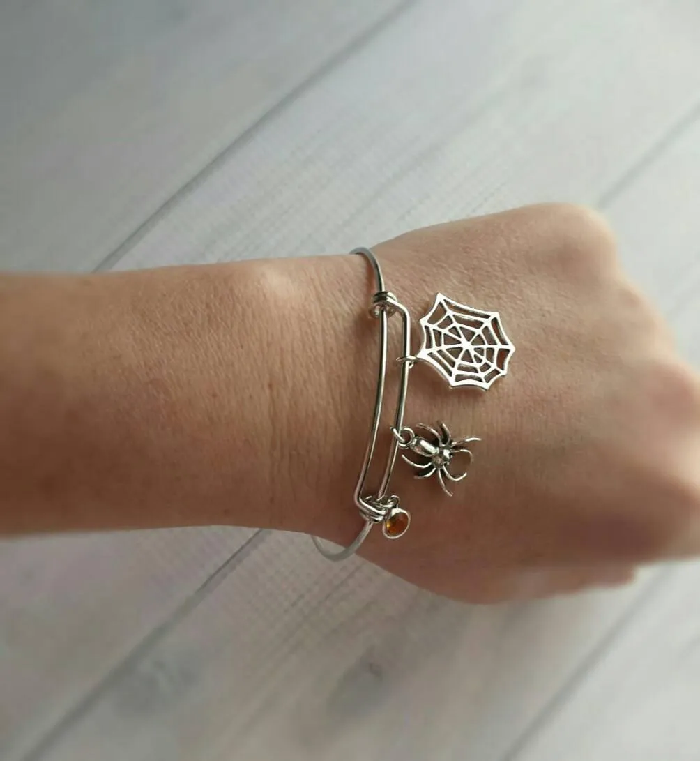 Spider Web Bracelet, spider bracelet, Halloween bracelet Halloween jewelry, spider jewelry, arachnid jewelry, silver spider bangle spiderweb