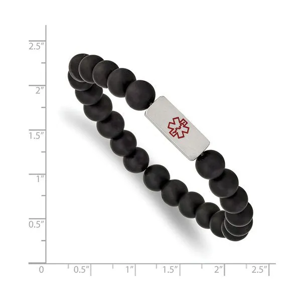 Stainless Steel Medical ID Plate Black Agate Beaded Bracelet