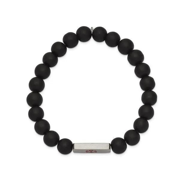 Stainless Steel Medical ID Plate Black Agate Beaded Bracelet