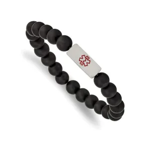 Stainless Steel Medical ID Plate Black Agate Beaded Bracelet