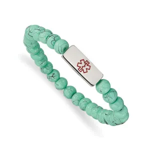Stainless Steel Medical ID Plate Turquoise Glass Beaded Bracelet