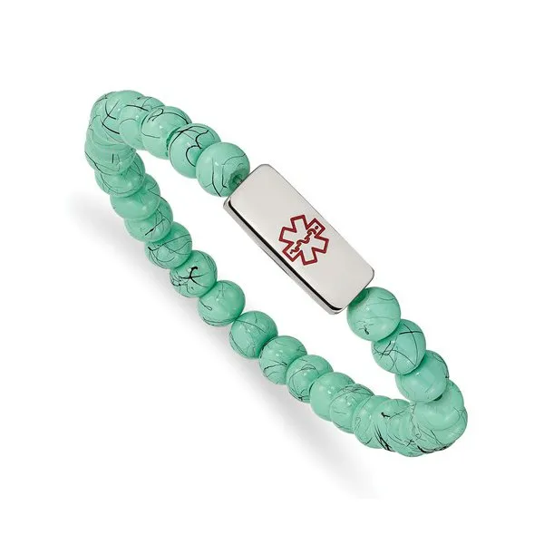 Stainless Steel Medical ID Plate Turquoise Glass Beaded Bracelet