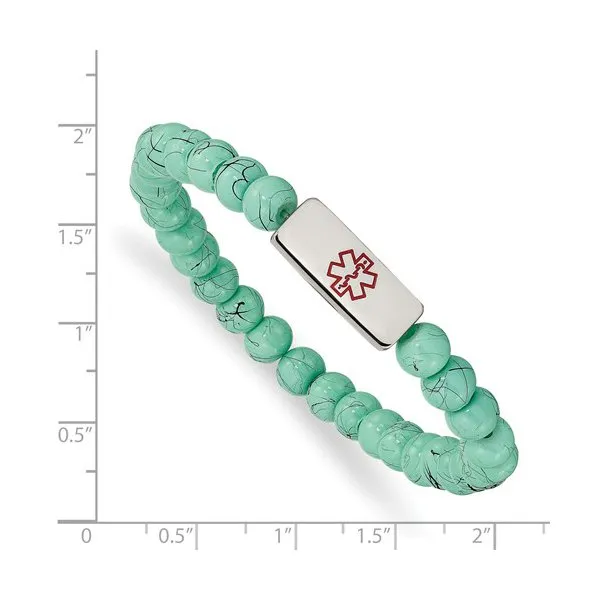 Stainless Steel Medical ID Plate Turquoise Glass Beaded Bracelet