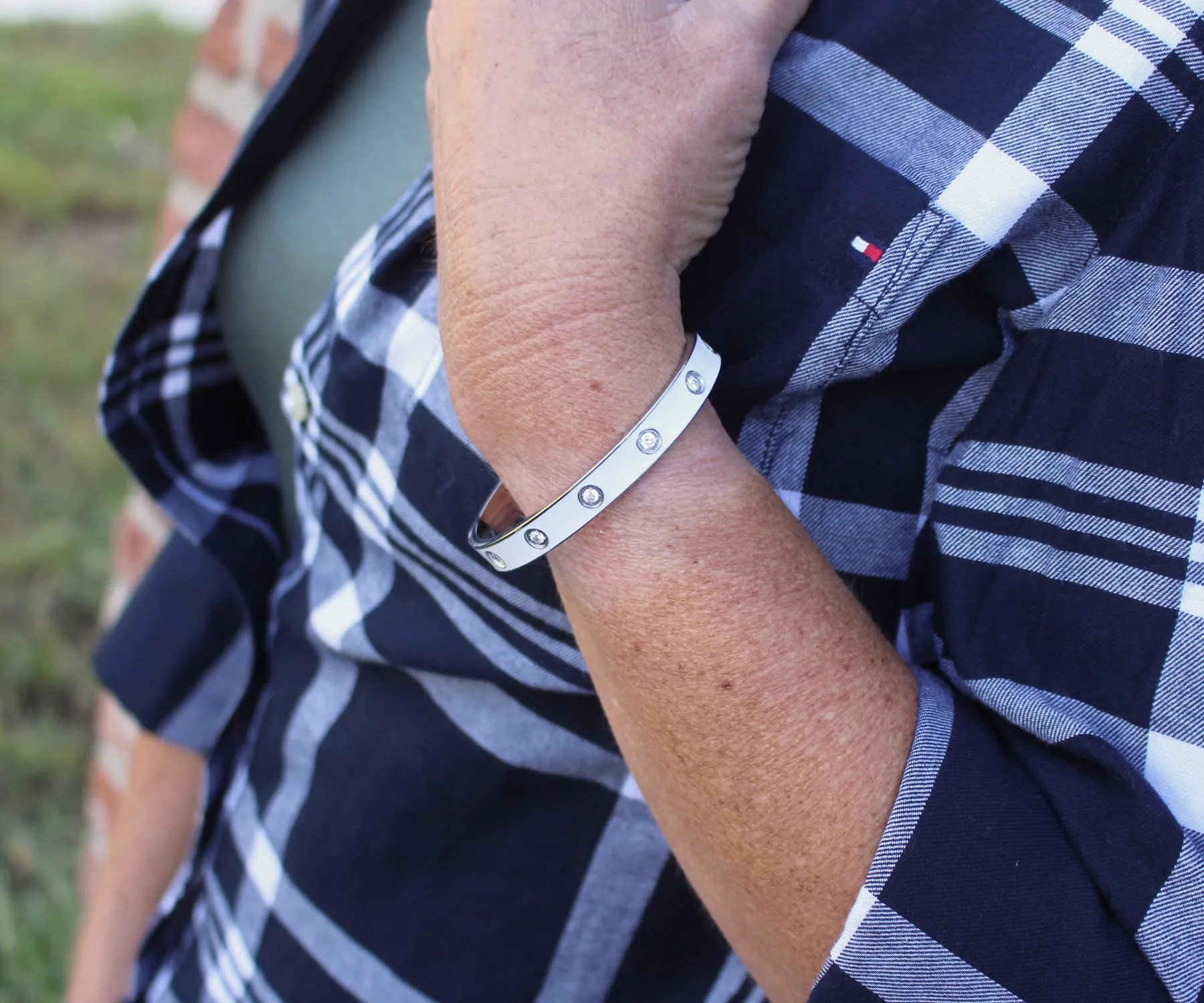 Star Spangle White Enamel Stainless Steel Bangle Bracelet