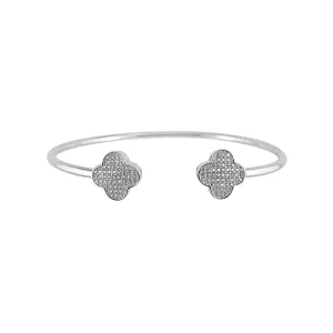 Sterling Silver Lucky Four-Leaf Clover Bangle Cuff- Rhodium