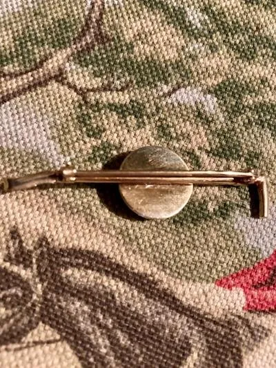 Stock Pin 14 kt Yellow Gold Reverse Carved Crystal Horse Profile on Hunt Whip Form