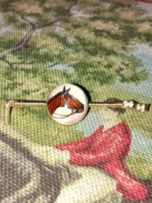 Stock Pin 14 kt Yellow Gold Reverse Carved Crystal Horse Profile on Hunt Whip Form