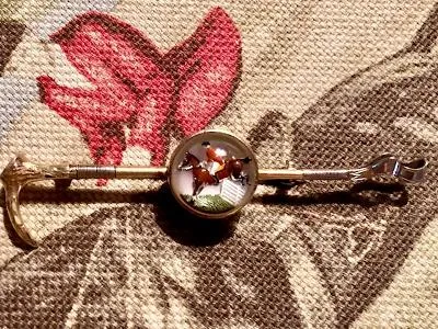 Stock Pin Antique 14 kt Yellow Gold with Reverse Carved Crystal Cabochon of Fox Hunter