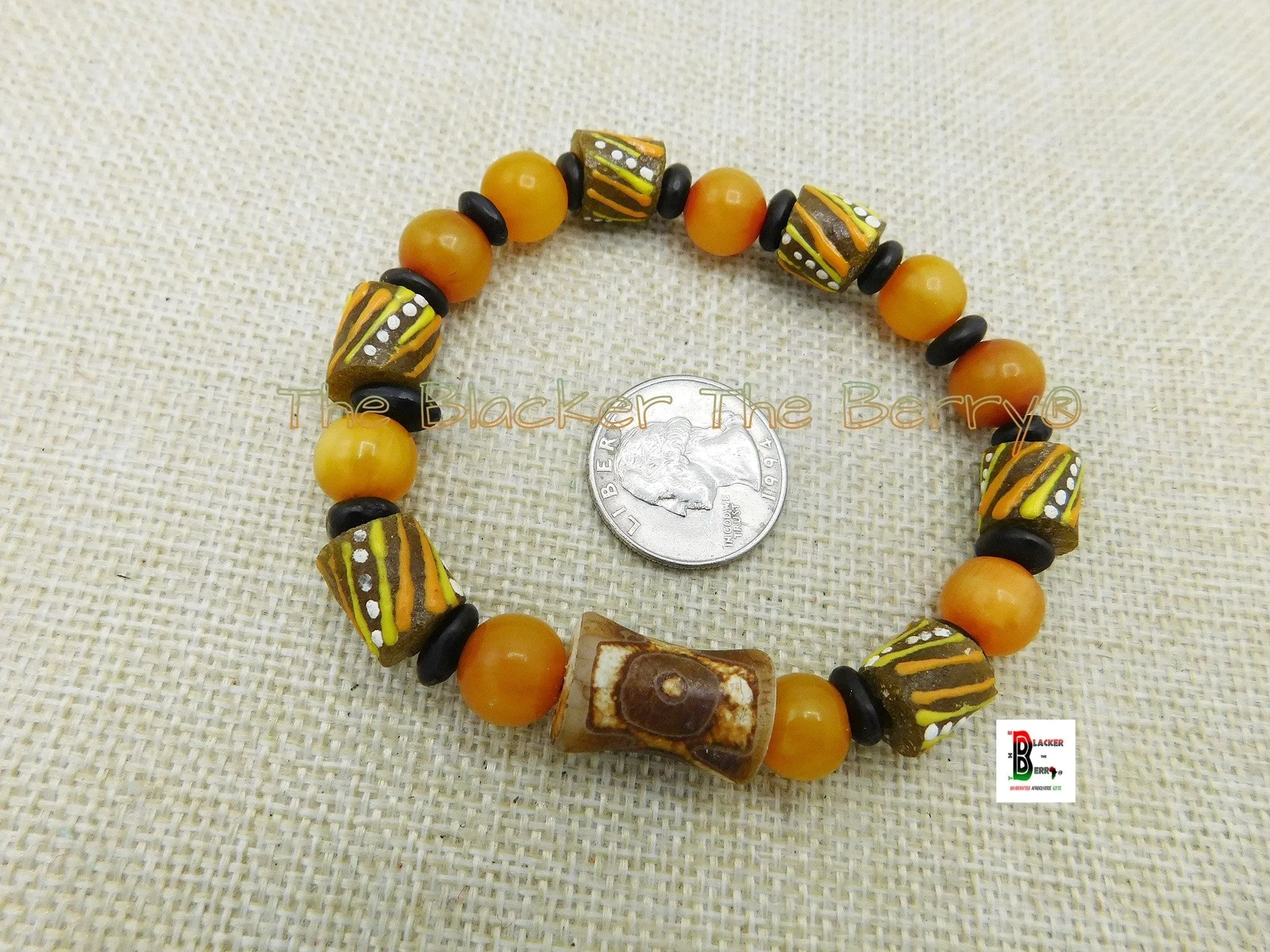 Stretch Beaded Jewelry Handmade Bracelet Copal Orange Brown Black Owned