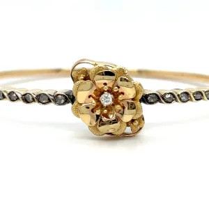 Stunning French Antique Diamond 18K Yellow Gold Hinged Floral Bangle Bracelet.