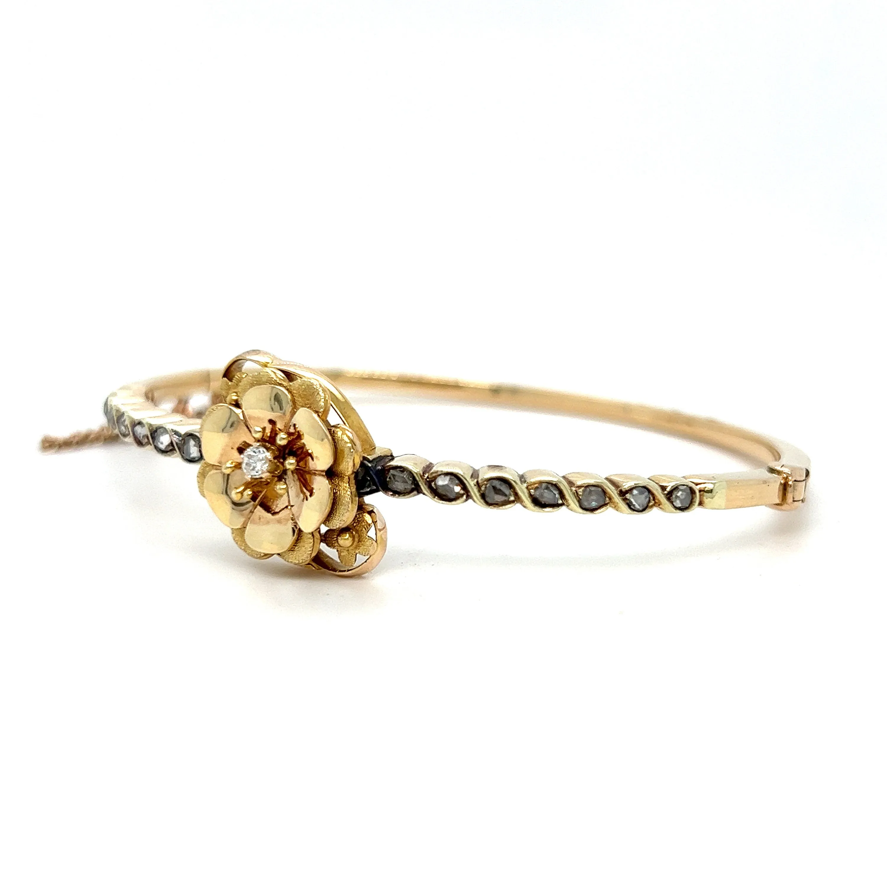 Stunning French Antique Diamond 18K Yellow Gold Hinged Floral Bangle Bracelet.