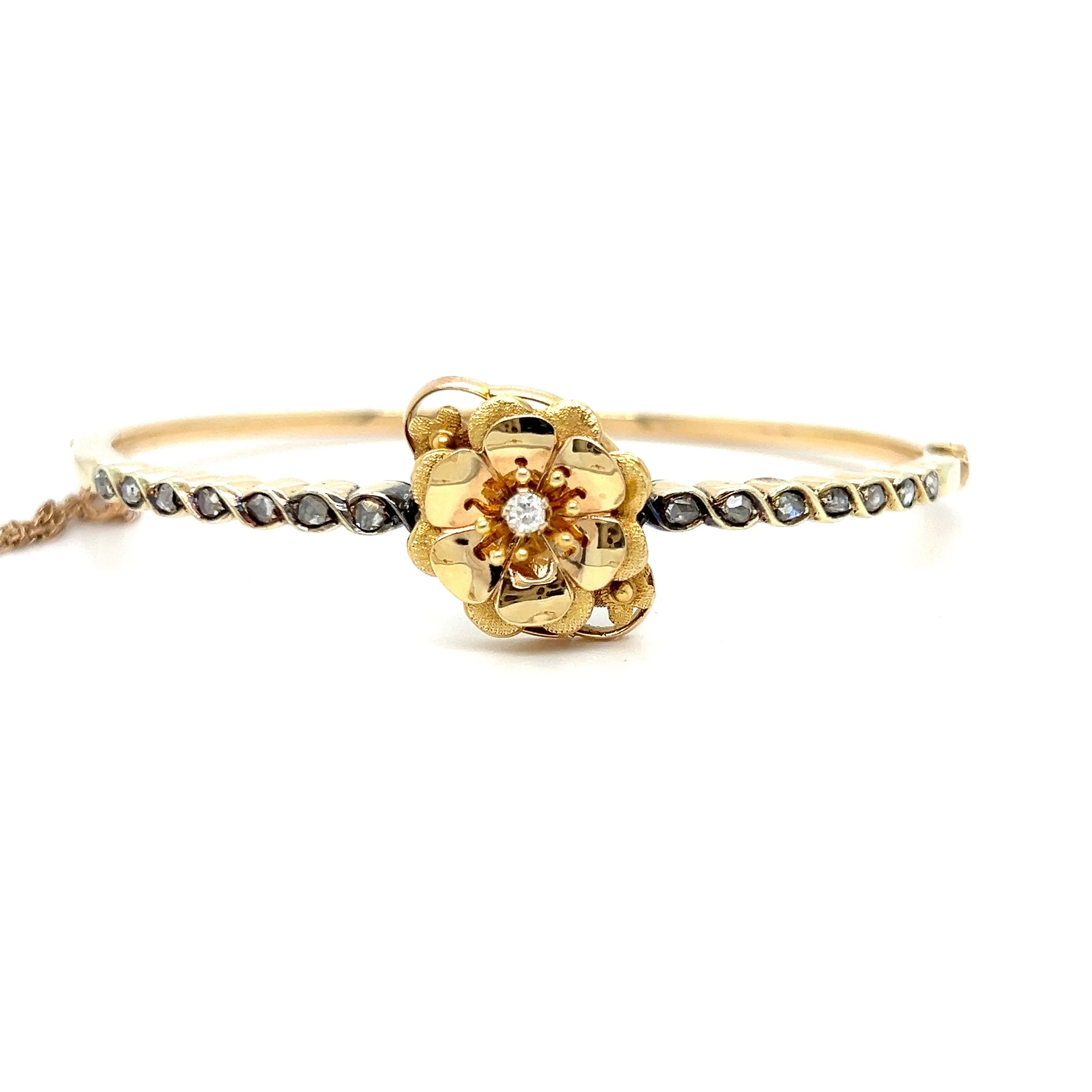 Stunning French Antique Diamond 18K Yellow Gold Hinged Floral Bangle Bracelet.