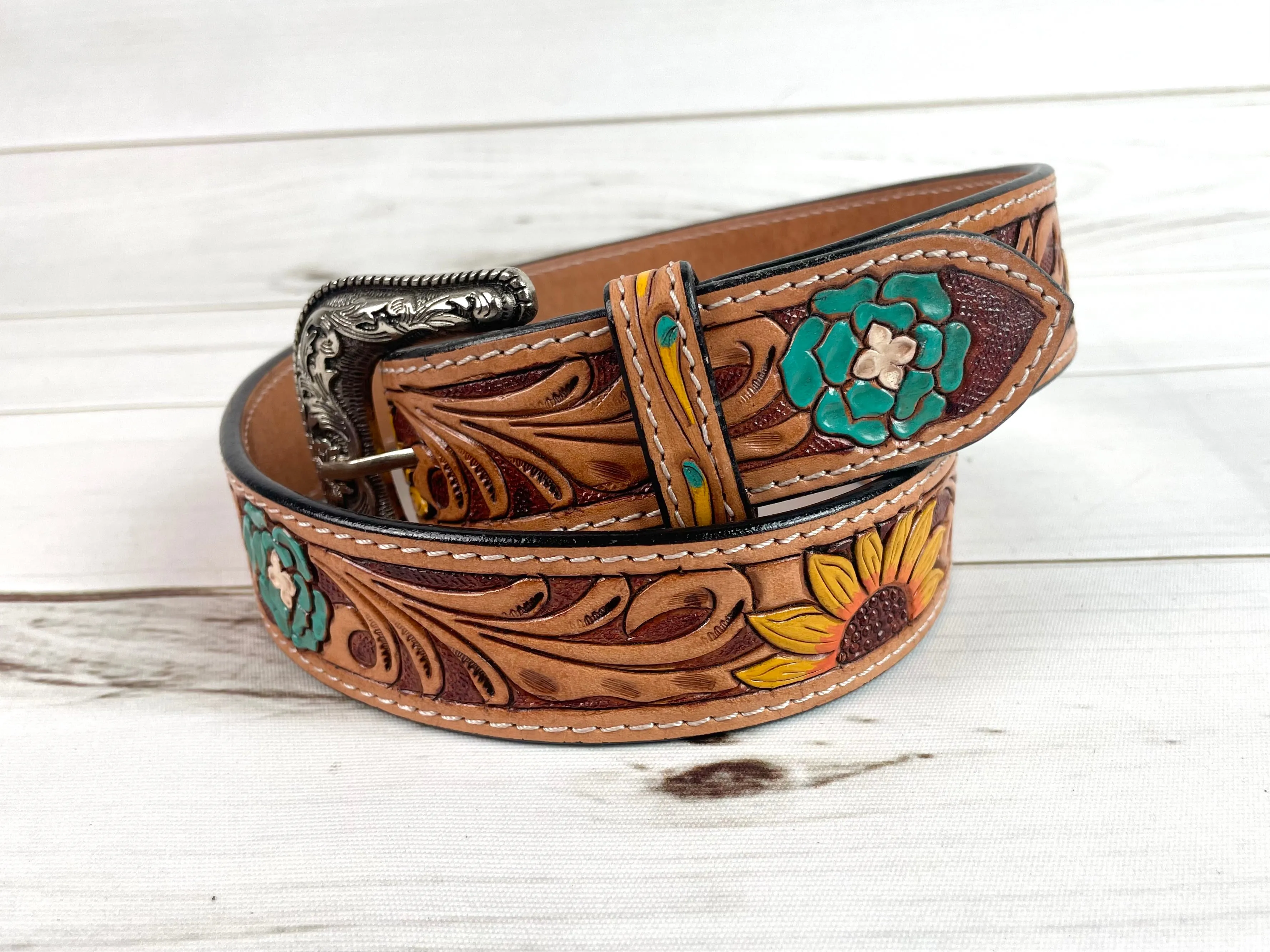 Sunflower & Blue Wild Flower Leather Woman’s Belt