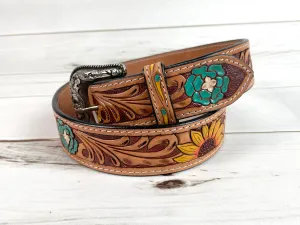 Sunflower & Blue Wild Flower Leather Woman’s Belt