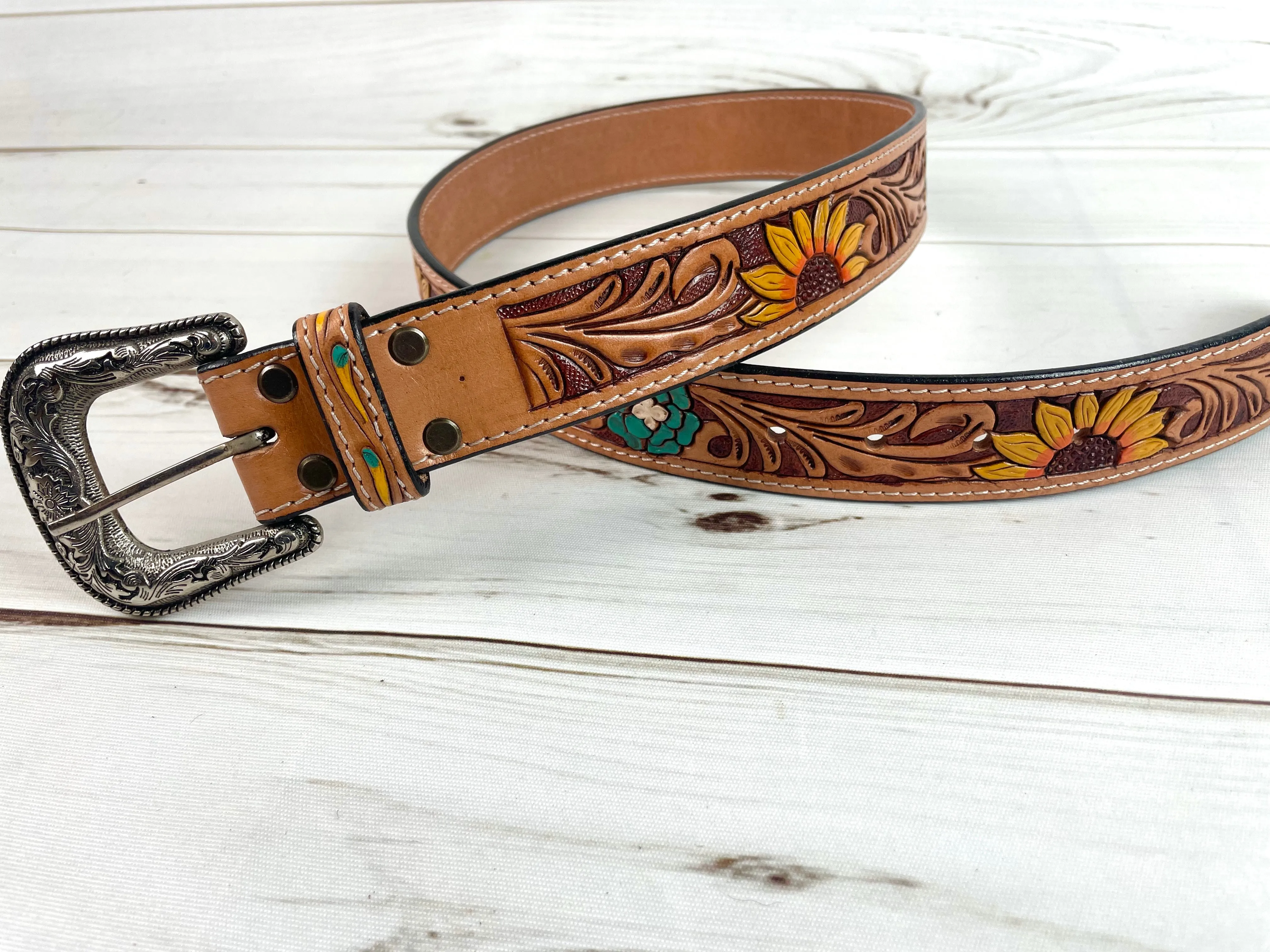Sunflower & Blue Wild Flower Leather Woman’s Belt
