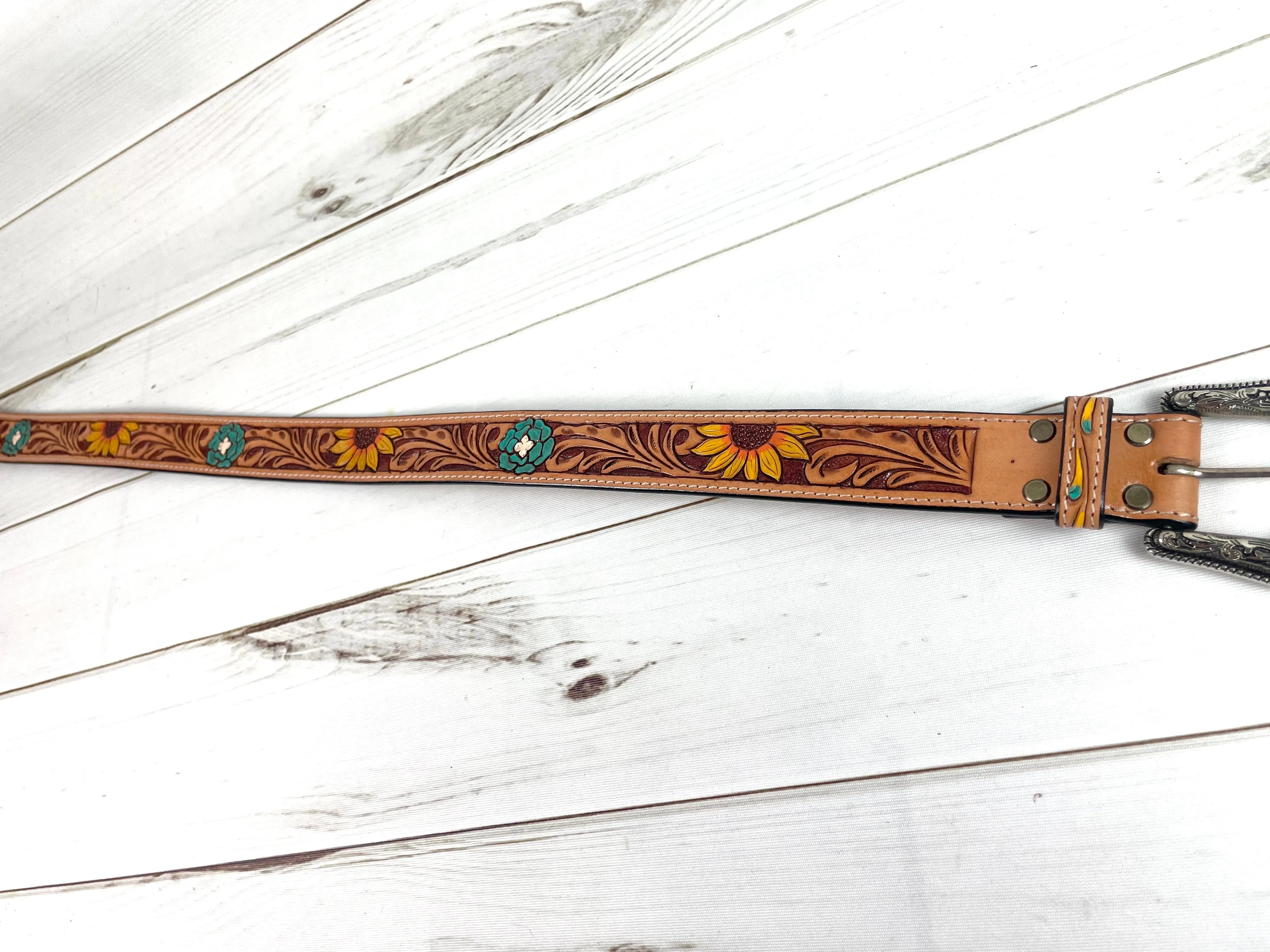 Sunflower & Blue Wild Flower Leather Woman’s Belt