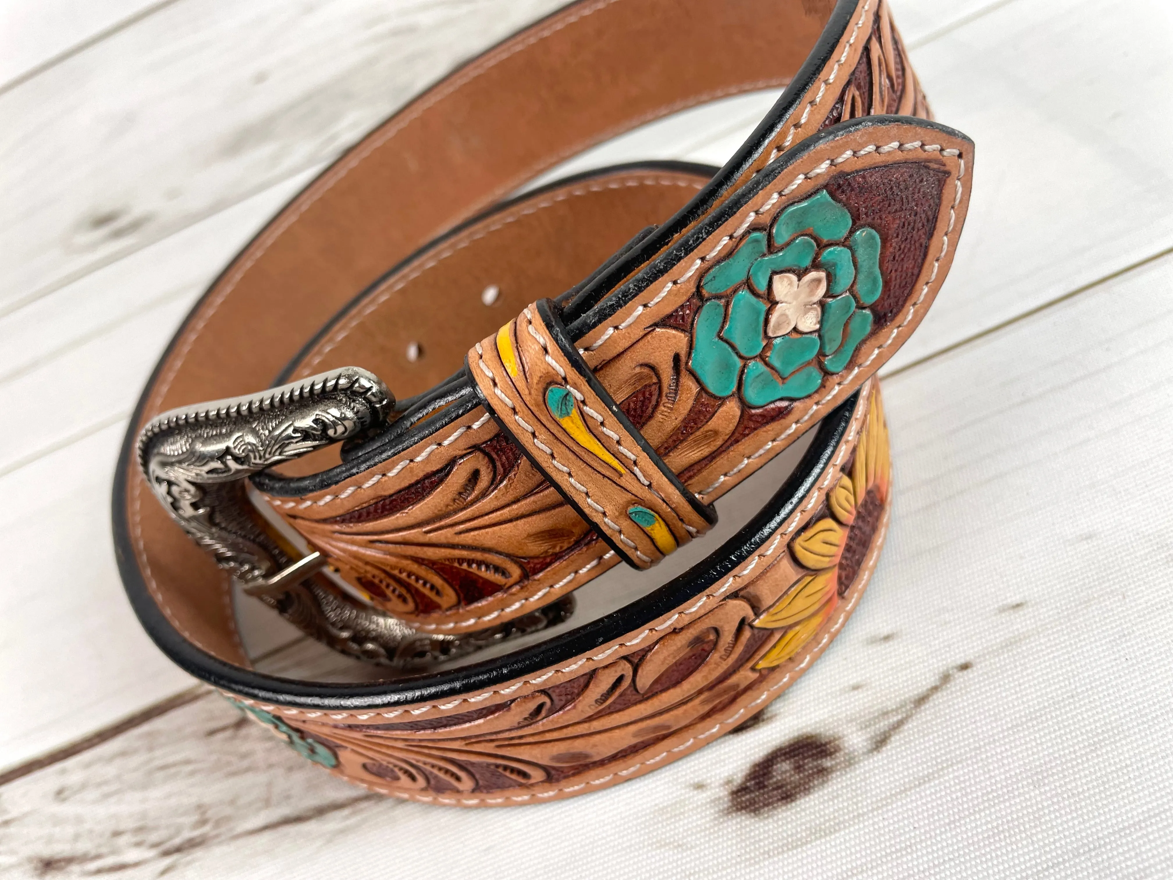 Sunflower & Blue Wild Flower Leather Woman’s Belt
