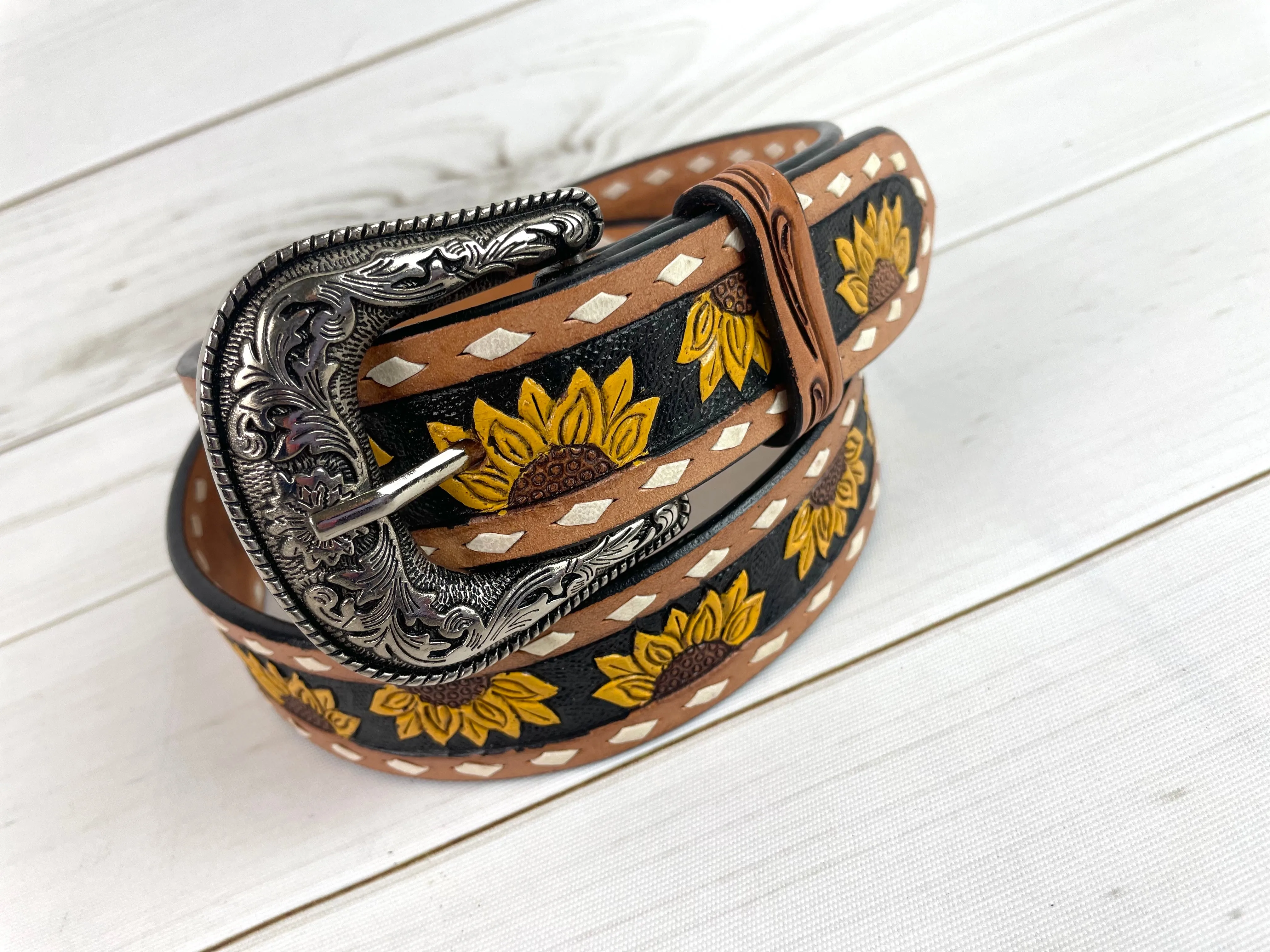 Sunflower White Buckstitch Leather Woman’s Belt