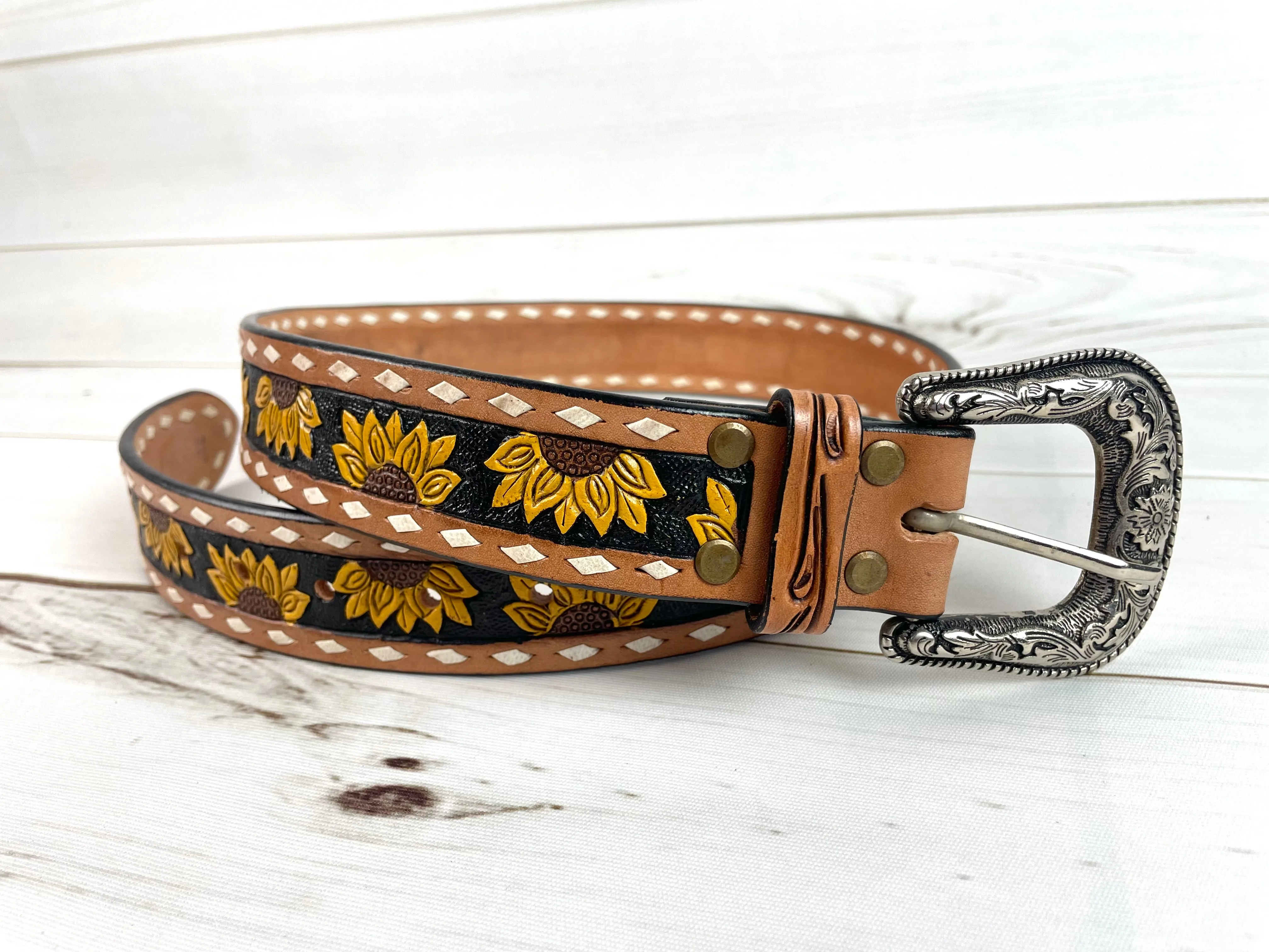 Sunflower White Buckstitch Leather Woman’s Belt