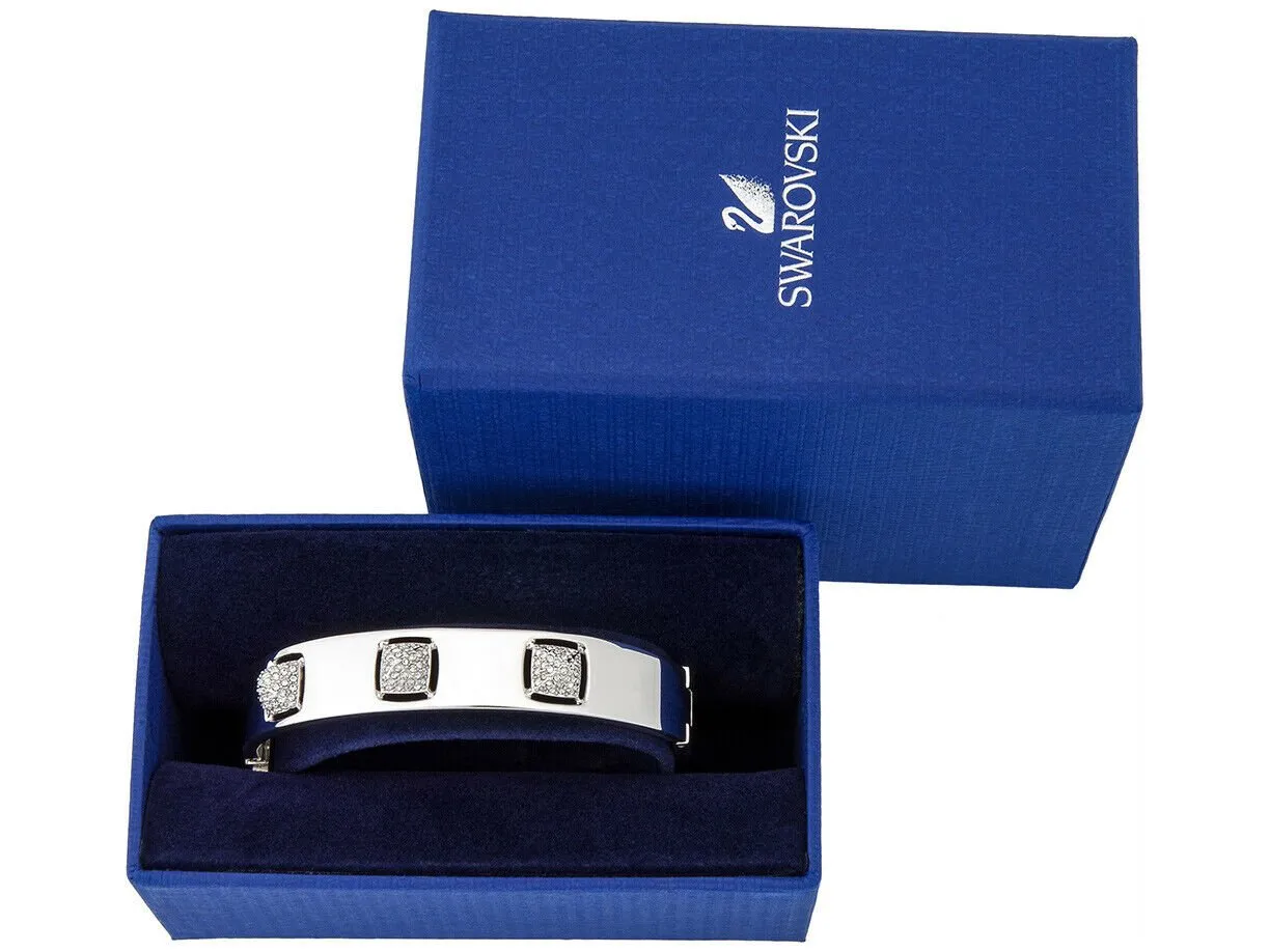 Swarovski Tactic Rhodium Plated Stainless Steel 5033035 Crystal Pavé Hinge Bangle for Women Medium