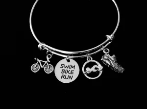 Swim Bike Run Adjustable Bracelet Triathlon Expandable Charm Bangle Tennis Shoe Goggles Athletic Sports Accomplishment Gift