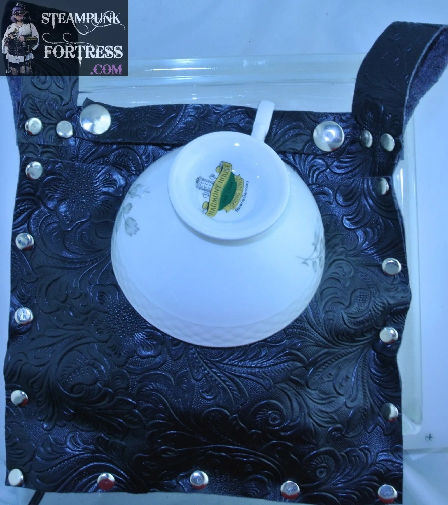 TEA CUP HOLDER BLACK EMBOSSED WHITE FLOWERS SET DUELING DUELLING SAUCER FLORAL FAUX LEATHER VEGAN STARR WILDE STEAMPUNK FORTRESS