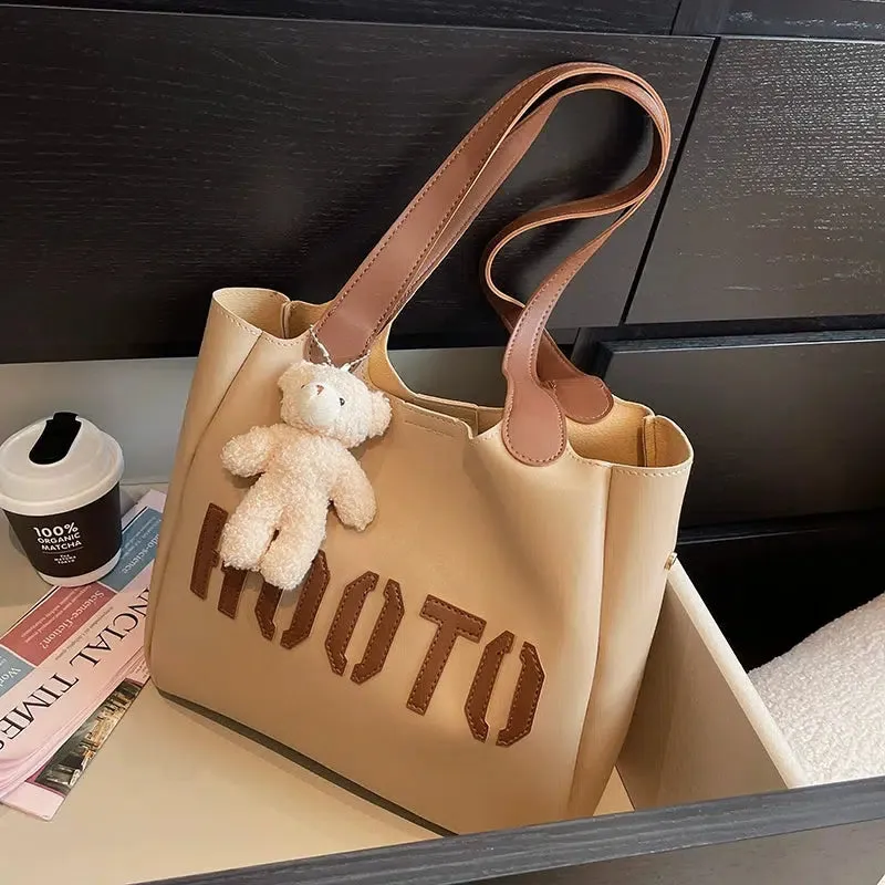 Teddy Bear Charm Letter Print Tote Bag
