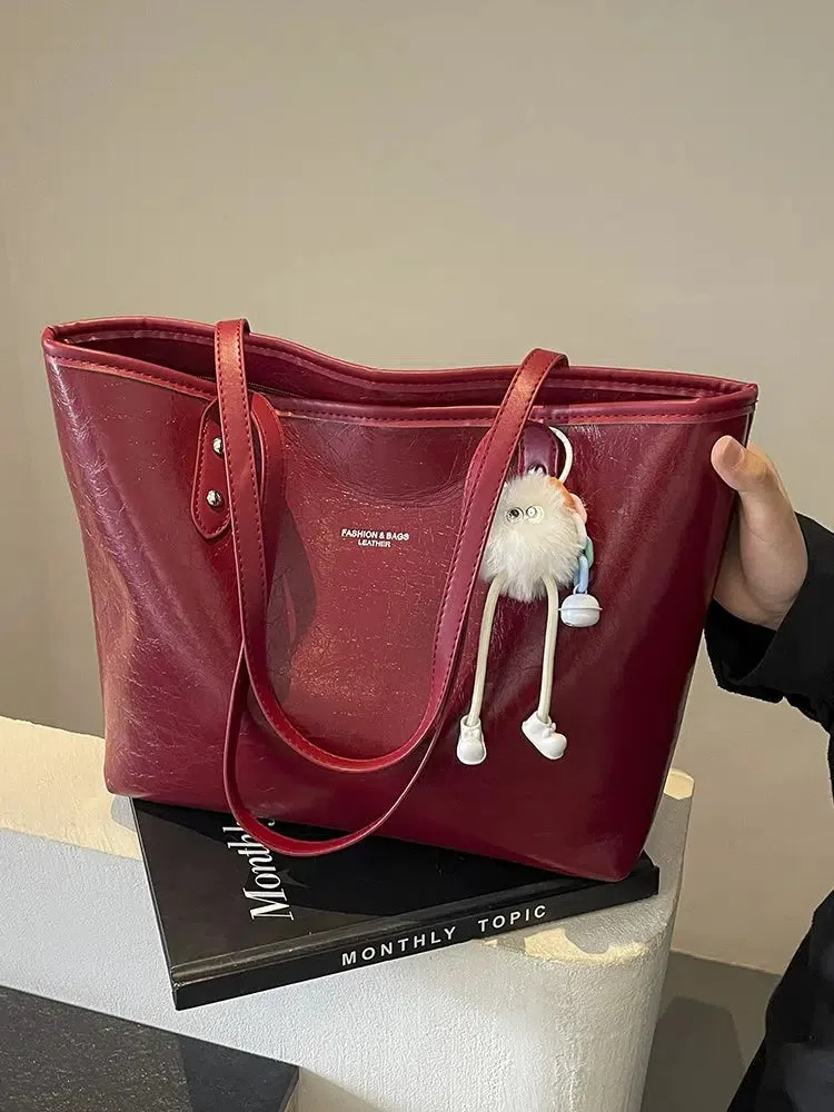 Textured Leather Shoulder Tote Bag