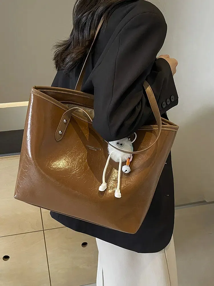 Textured Leather Shoulder Tote Bag