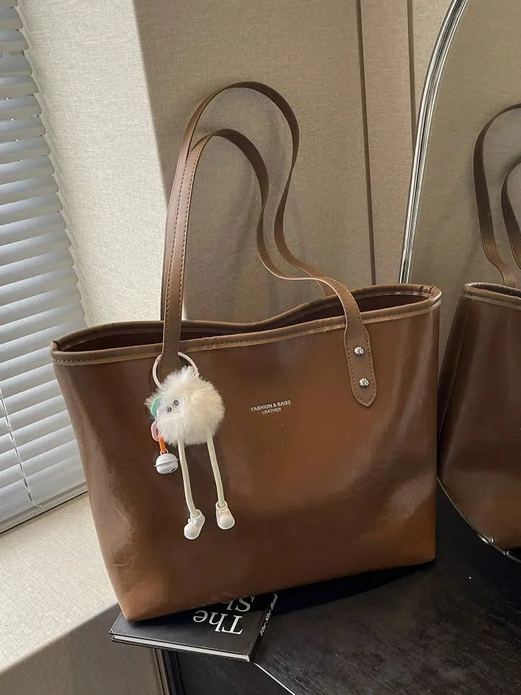 Textured Leather Shoulder Tote Bag