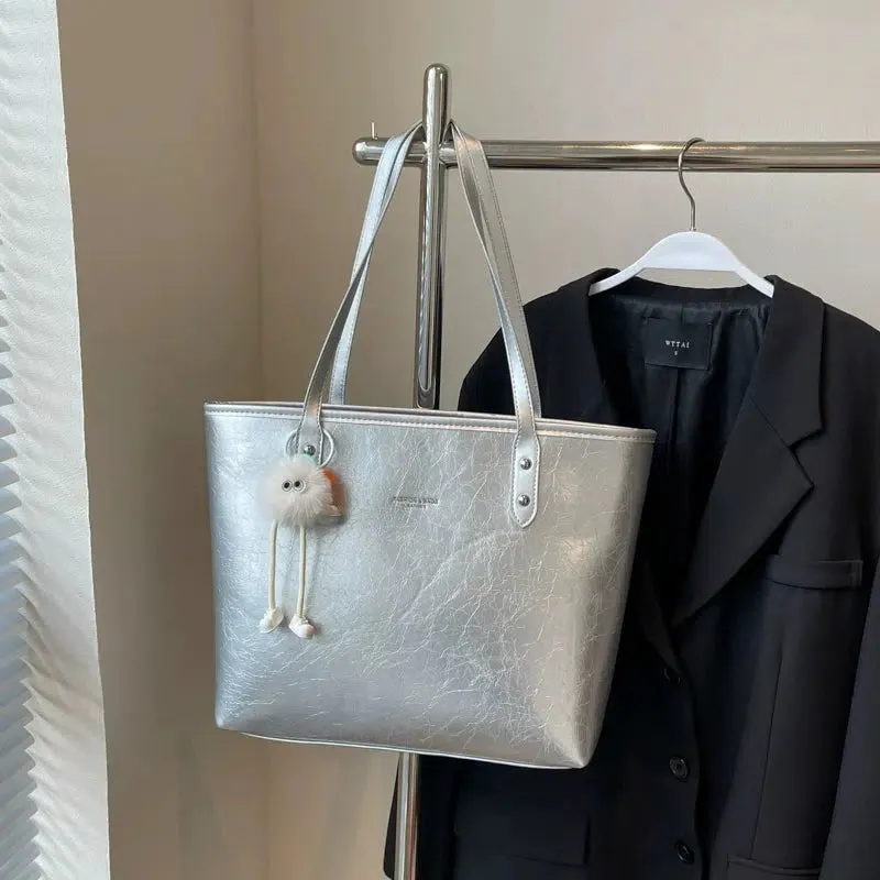 Textured Leather Shoulder Tote Bag
