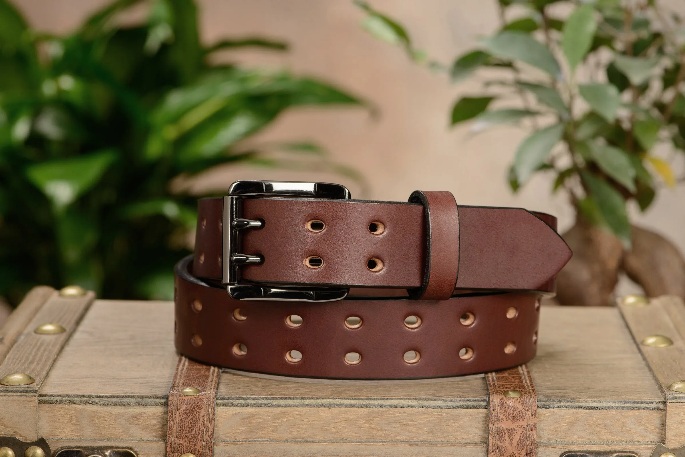 The Holey Bull: Men's Brown Non Stitched Double Prong Leather Belt With Gunmetal Roller 1.50"