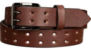 The Holey Bull: Men's Brown Non Stitched Double Prong Leather Belt With Gunmetal Roller 1.50"