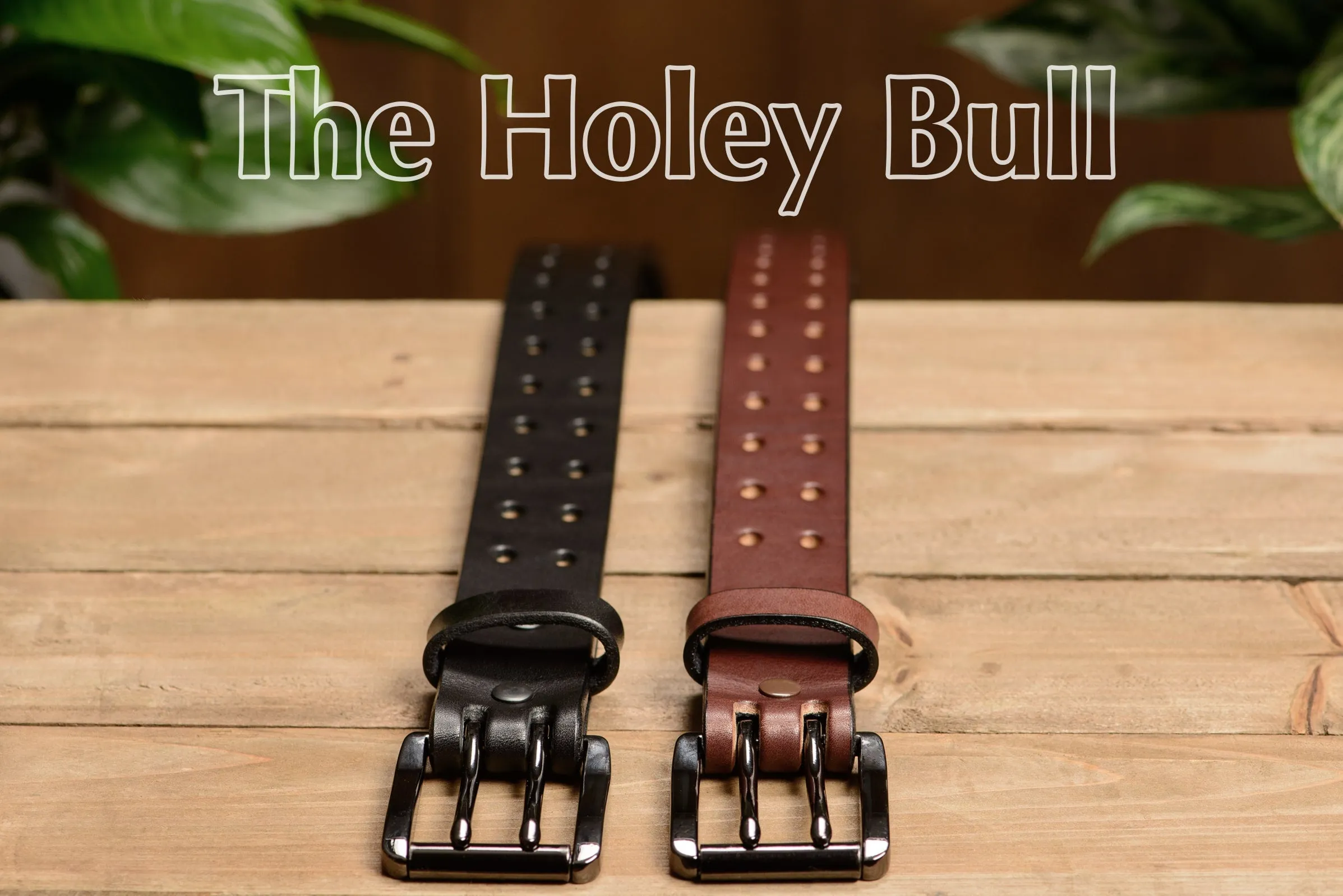 The Holey Bull: Men's Brown Non Stitched Double Prong Leather Belt With Gunmetal Roller 1.50"