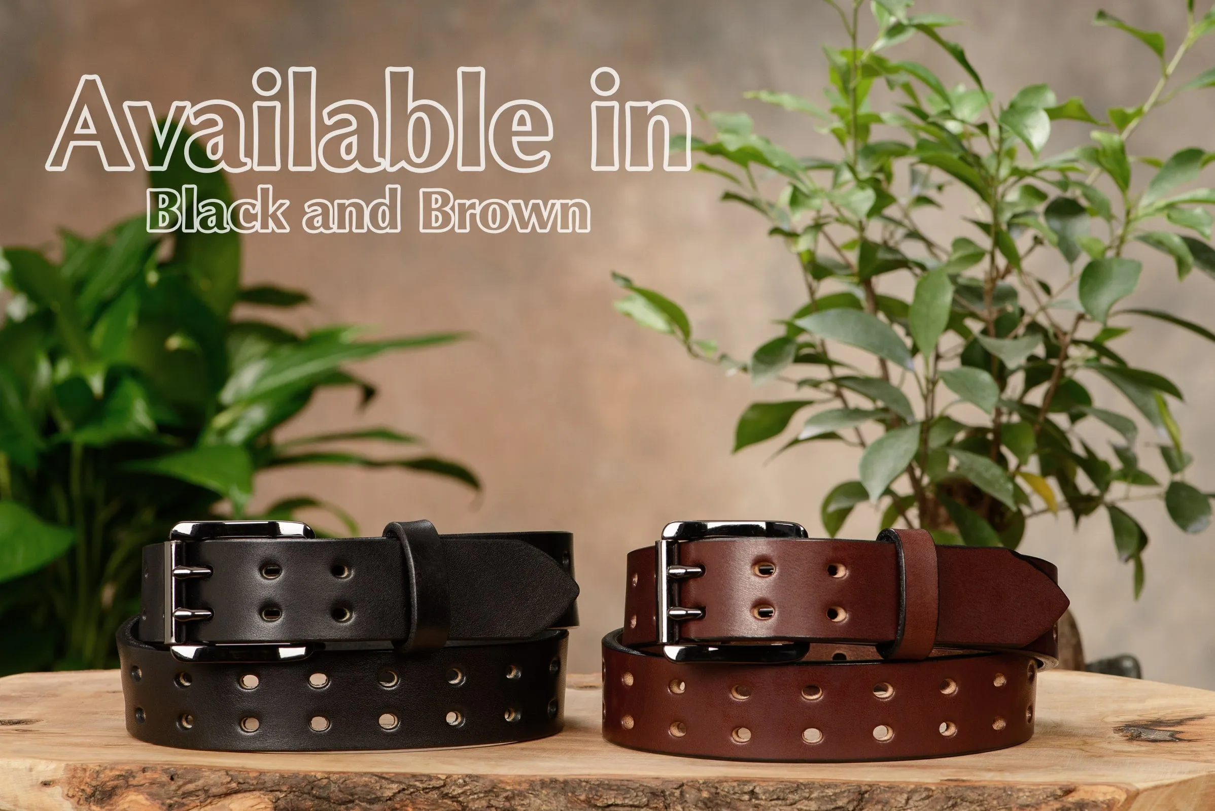 The Holey Bull: Men's Brown Non Stitched Double Prong Leather Belt With Gunmetal Roller 1.50"