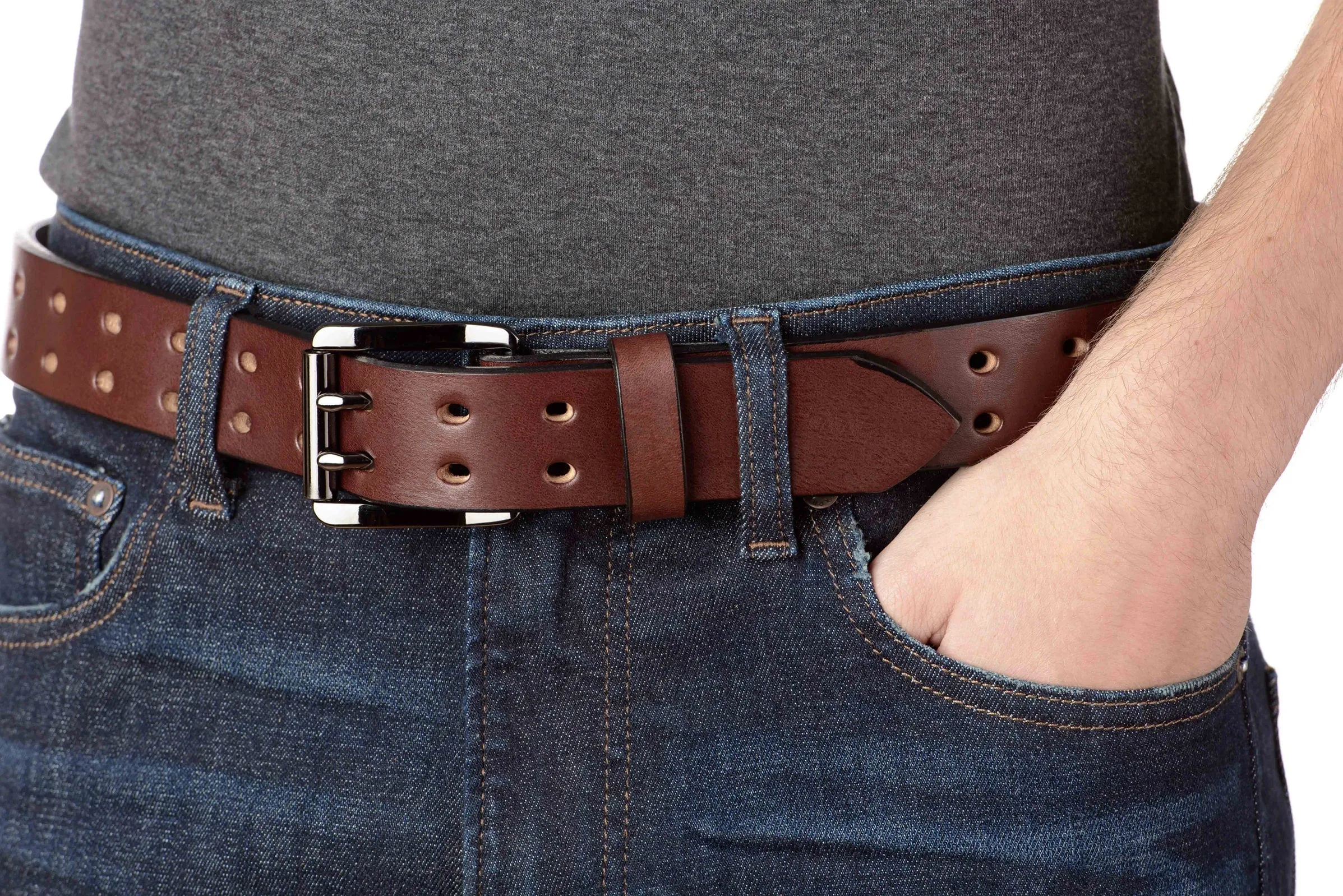 The Holey Bull: Men's Brown Non Stitched Double Prong Leather Belt With Gunmetal Roller 1.50"