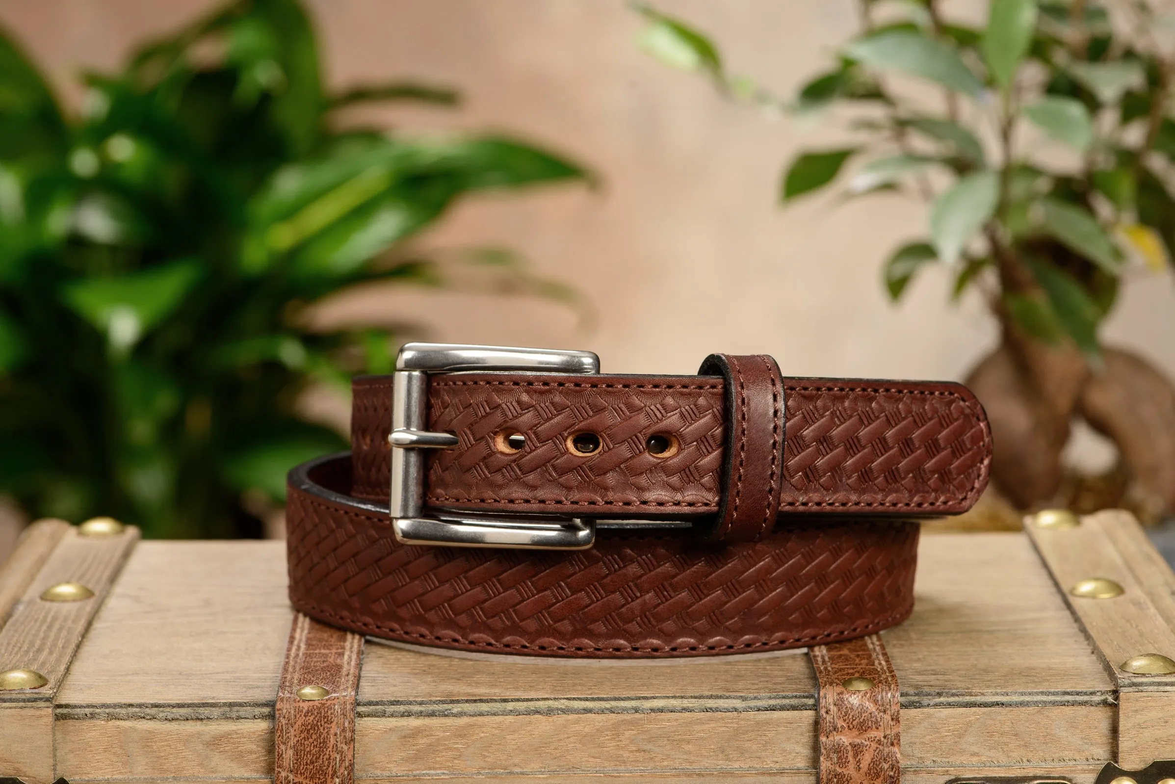 The Norris: Brown Stitched Basket Weave Max Thick With Steel Core 1.50"