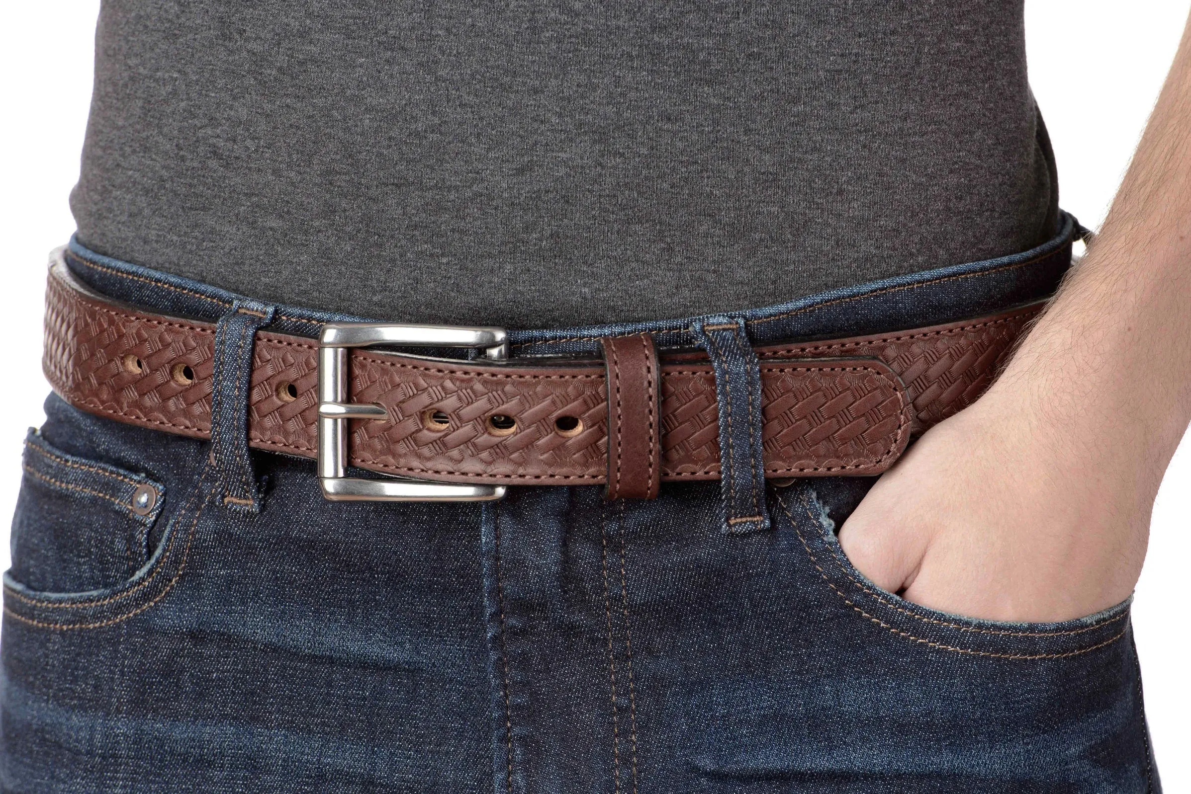 The Norris: Brown Stitched Basket Weave Max Thick With Steel Core 1.50"