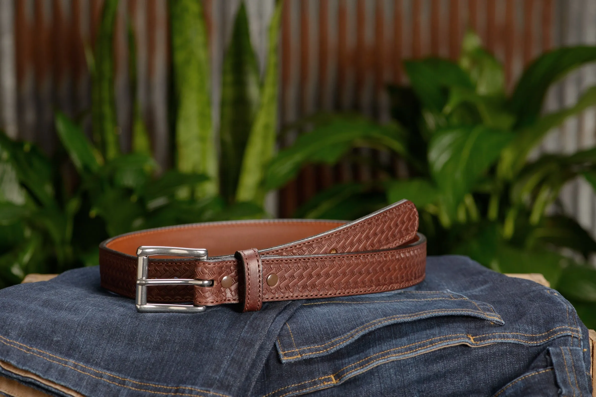 The Norris: Brown Stitched Basket Weave Max Thick With Steel Core 1.50"