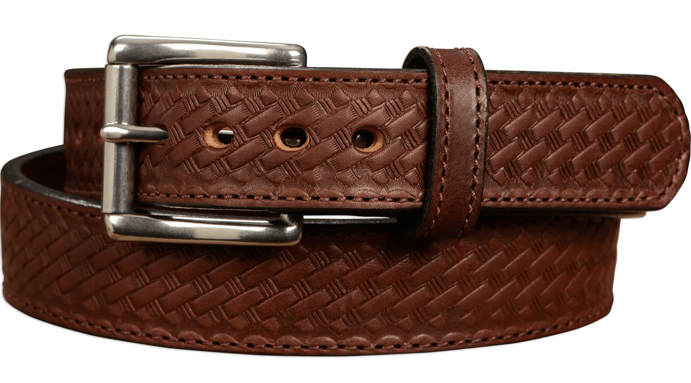 The Norris: Brown Stitched Basket Weave Max Thick With Steel Core 1.50"