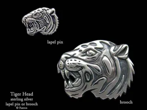 Tiger Head Lapel Pin or Tiger Head Brooch Sterling Silver