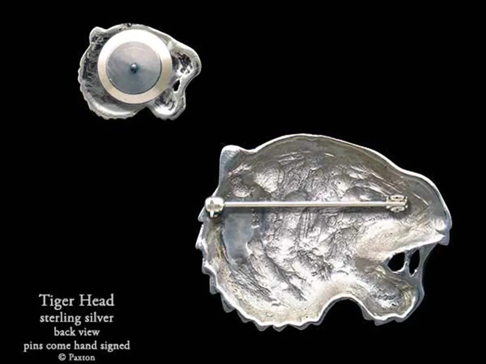 Tiger Head Lapel Pin or Tiger Head Brooch Sterling Silver