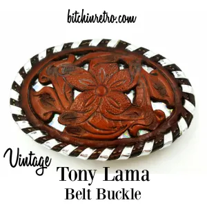 Tony Lama Vintage Leather Belt Buckle With Silver Prismatic Details